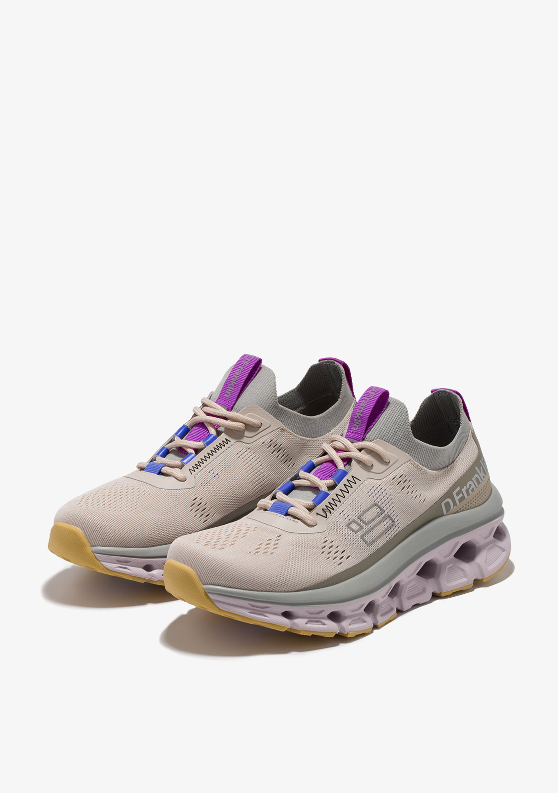 Beige Aero Women sneakers with purple accents, lightweight mesh exterior and chunky sole
