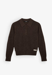 Brown Melange Fine Knit Polo Sweater
